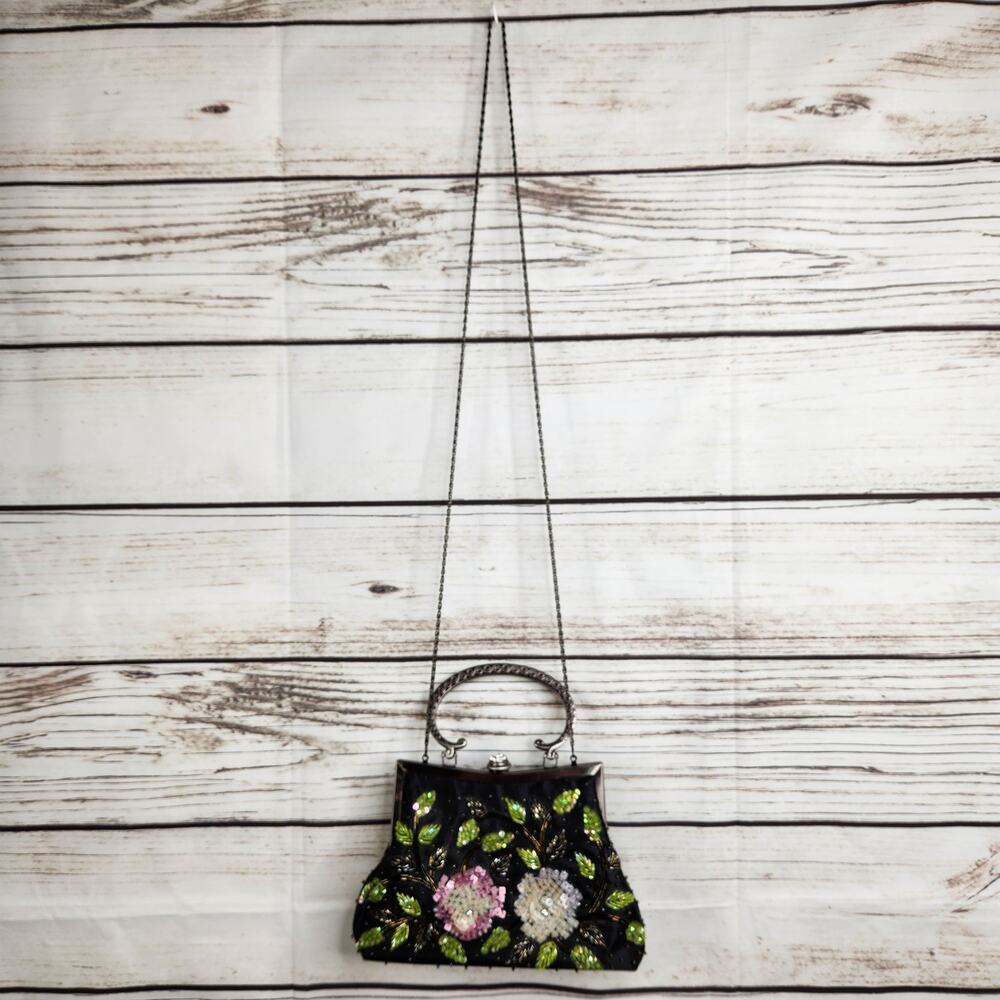 CEM Vintage Black Sequins Silver Handle Purse Mini Bag Floral - Picture 4 of 8